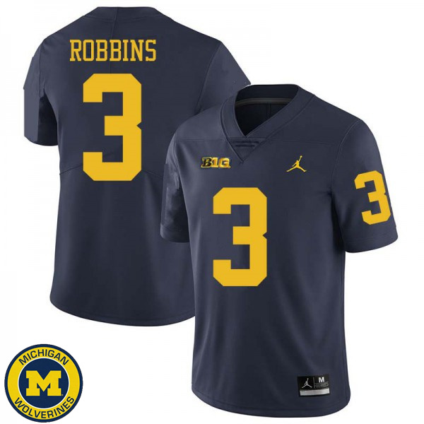 Mens University of Michigan #3 Brad Robbins Navy Jordan Brand Embroidery Jersey